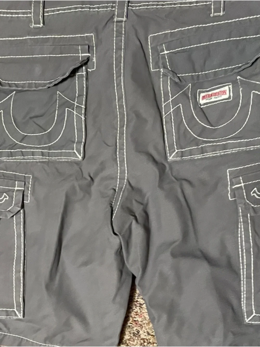 True Religion Men's Gray Cargo Shorts with White Contrast Stitching